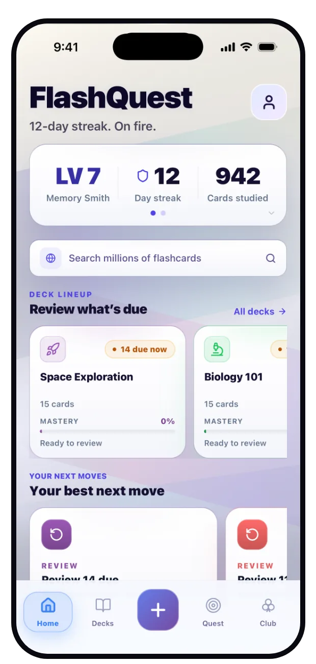 FlashQuest home screen