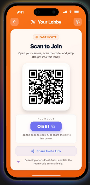 FlashQuest Arena QR code lobby for multiplayer battles