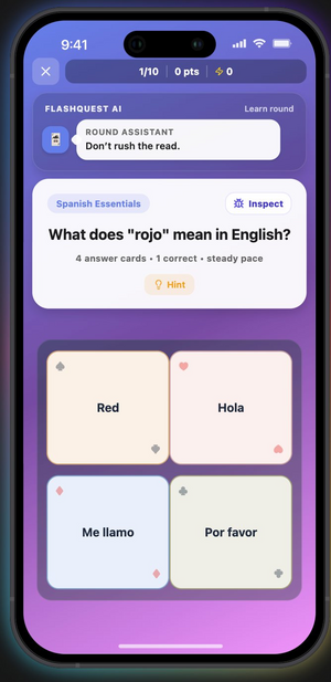 FlashQuest Quest mode gameplay with multiple choice answers