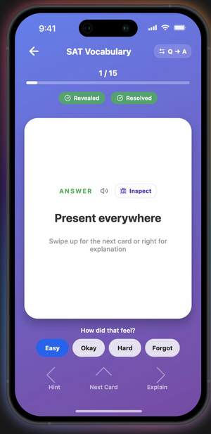 FlashQuest spaced repetition study card with difficulty rating